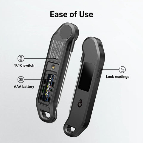 Back and front of Instant Read Digital Meat Thermometer With 1 Second Response 0.5F Accuracy NIST And NSF Certified, battery and features shown.
