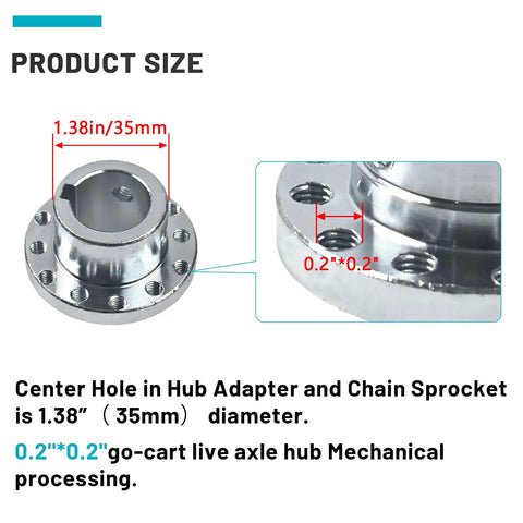 Beefy Steel Hub Shaft Axle Adapter Sprocket Twin Six Hole Build dimensions showing center hole diameter of 1.38 inches for go karts.
