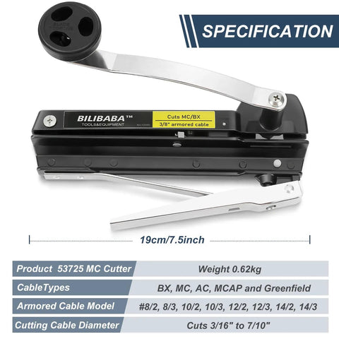 Heavy Duty Workhorse MC Cable Cutter Adjusts 3/16 To 7/10 Inches Nips BX AC MCAP And Greenfield Cable, 3/8" size.