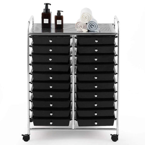 Hella Spacious 20 Drawer Rolling Storage Cart With Lockable Wheels For Office Supplies Makeup Collections Craft Projects And Garage Tools Offers Top Shelf Organization In Clean Black