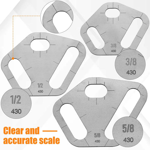 Three Piece Plasma Stencil Set With 0.430 Inch Tri Slot Cutters And Guides displayed with various slot sizes and steel material