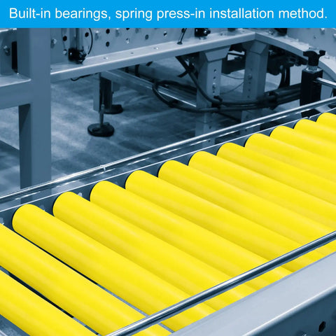 Polyurethane Coated Conveyor Roller, 2 Inch Diameter By 10 Inch Length, 2 Pack, shown on industrial conveyor, yellow finish.