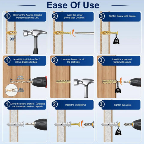Step-by-step guide using Picture Hanging Kit 116 Piece Set With Zinc Self Drilling Drywall Anchors, Screw Hooks for wall mounting.