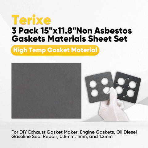 Front view of Terixe 3-pack gasket sheet set, 15x11.8 in, non-asbestos; gray sheet and two perforated panels.