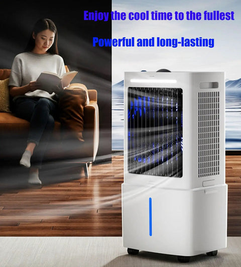 Beat The Heat With This Straight Up Windowless Portable Air Cooler And Evaporative Swamp Cooling System in use indoors, person reading.