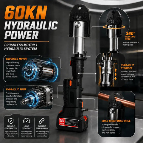 60KN Cordless Electric Pipe Crimper Tool 18V Brushless Hydraulic Press Kit with rotating head and hydraulic system.