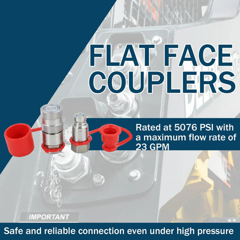 Front view of 1/4-inch skid-steer flat-face hydraulic quick-connect couplers with red dust covers