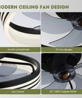 Ceiling Fan With Light 20 Inch Black Flush Mount showing acrylic lampshade, PC blades, iron frame, and DC motor components.