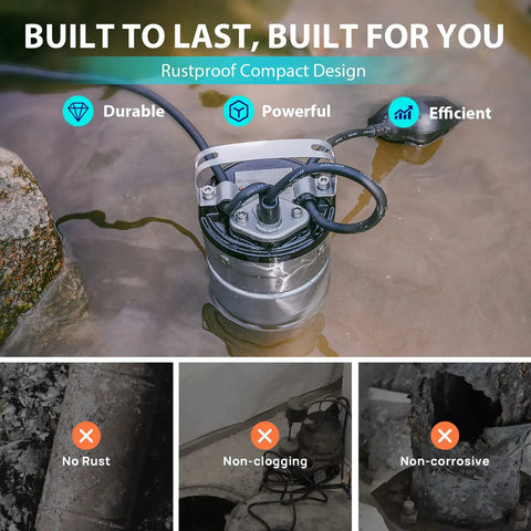 1HP Submersible Sewage Grinder Pump With Stainless Steel Cutting Blade, Cast Iron Impeller in water, with auto float switch