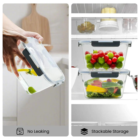 Two Pack Large Glass Storage Containers With Lids 85 Oz 10.5 Cup Airtight Food Storage in use with water and vegetables