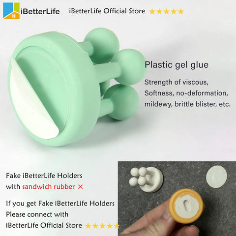 Four Pack Self Adhesive Silicone Toothbrush Holders with green silicone and fake comparison