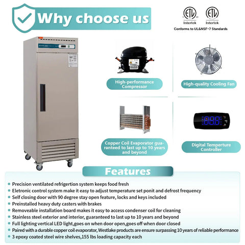 Image of Heavy Kickass Workhorse 27 Inch Wide Commercial Freezer Upright with features like copper coil evaporator and digital temperature controller.