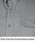 Close-up of Super Durable Flame Resistant Work Shirt in Large Gray Size Rugged FR Cotton with shatter-proof melamine buttons.