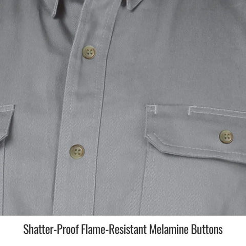 Close-up of Super Durable Flame Resistant Work Shirt in Large Gray Size Rugged FR Cotton with shatter-proof melamine buttons.