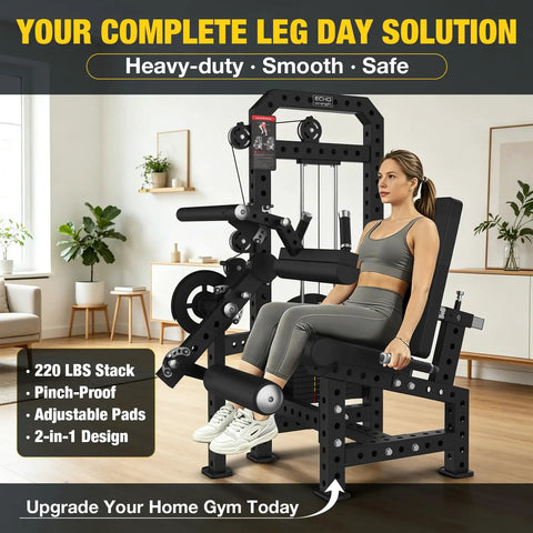 Woman using 2-In-1 Seated Leg Extension And Leg Curl Machine For Home Gyms Selectorized Dual-Function Strength Training Equipment