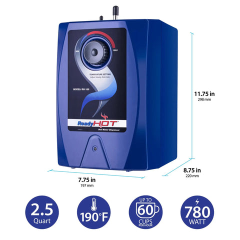 Instant On Demand Hot Water Dispenser System With 2.5 Quart Tank, 780W, temperature control, blue design with dimensions