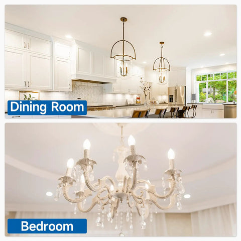 Dining room with pendant lights and bedroom with chandelier, using 12 Pack E12 Candelabra LED Bulbs 60W Equivalent Daylight 5000K.