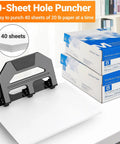 Heavy Duty 3 Hole Puncher With 40 Sheet Capacity, 50 Percent Less Effort Lever, Built In Paper Guide, Large Tray, Metal Construction