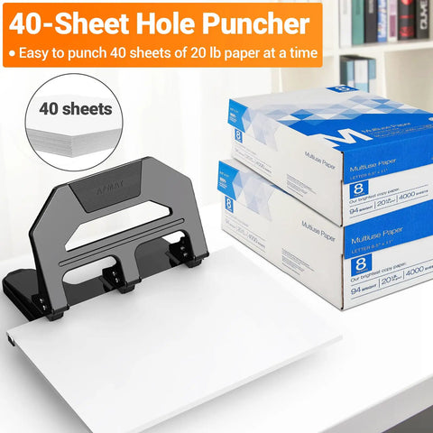 Heavy Duty 3 Hole Puncher With 40 Sheet Capacity, 50 Percent Less Effort Lever, Built In Paper Guide, Large Tray, Metal Construction