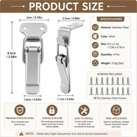 4 Pack 90 Degree Toggle Latches With 16 Stainless Screws For Tool Boxes Cabinets And Storage Chests Built Tough Ready To Lock Down Right Angle Draw Latch Catch Kit Heavy Duty Rust Resistant Simple Install dimensions and specifications diagram.