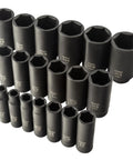 Deep Impact Socket Set 1/2 Inch Drive, 19-Piece SAE Cr-Mo Alloy Steel With Radius Corner Design displayed on white background