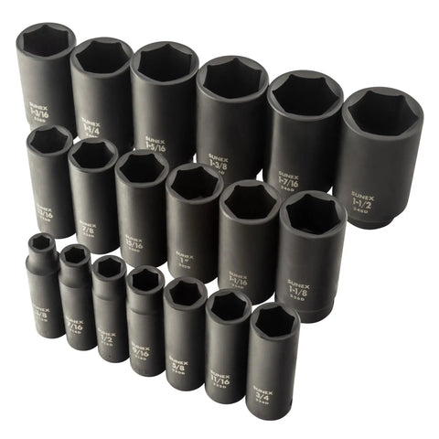 Deep Impact Socket Set 1/2 Inch Drive, 19-Piece SAE Cr-Mo Alloy Steel With Radius Corner Design displayed on white background