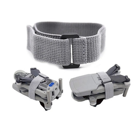 All Purpose Elastic Nylon Propeller Strap Kit No Fuss For Mini 5 Pro Mini 4K Mini 3 Mini 3 Pro Mini 4 Pro Air 2 3S Mavic Mini 2 And Insta360 Antigravity A1 Drones Propeller Holder Stabilizer 2 Pack securing folded drones, elastic nylon strap shown close-up.