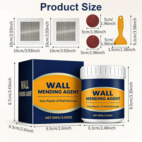 Complete Drywall Repair Kit With Wall Patch Spackle Paste And Sturdy Plastic Scraper For Rapid Hole And Crack Repairs Smooth White Putty That Leaves Surfaces Looking Fresh And Clean product size chart with wall patches, wall mending agent, and scraper dimensions