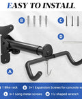 Image of Adjustable Bike Wall Mount Hanger for Space Saving Horizontal Rack Heavy Duty Holder for Mountain Road Hybrid Bikes No Fuss Install With Included Hardware Ideal Garage or Apartment Storage Solution Not For Plaster Walls, showing metal rack, expansion screws, and L-shaped wrench for installation.