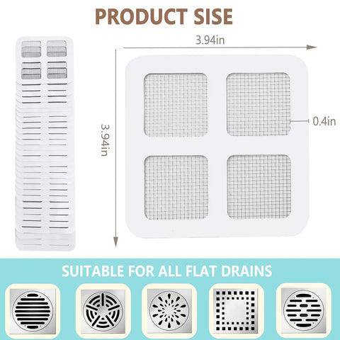 Peel And Stick Shower Drain Hair Catchers 30 Pack Disposable Mesh Filters Waterproof Backing, 3.94in size for all flat drains.