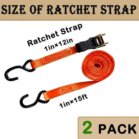 Beefy Ratchet Tie Down Straps 2 Pack 1 Inch By 15 Feet featuring orange straps with locking hooks and rubberized handles.