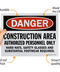 Five Pack 9 By 12 Inch Construction Area Signs For Authorized Personnel Only With Hard Hats And Safety Glasses Required, OSHA Compliant, Screen Printed Polystyrene Signage, 10 Mil Plastic, Weatherproof For Indoor Outdoor Use, USA Made, front view