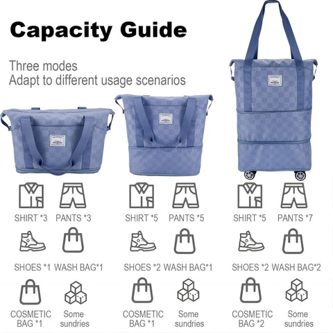 Drvoon expandable blue checkerboard luggage bag; three modes shown: duffel, tote, wheeled suitcase.