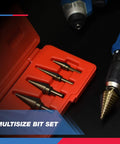 Beefy Five Piece Step Drill Bit Set For Metal With Fifty SAE Sizes from 1/8 to 1-3/8 inch in red case beside drill