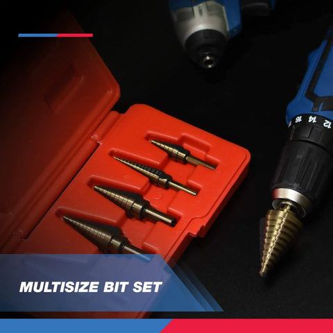 Beefy Five Piece Step Drill Bit Set For Metal With Fifty SAE Sizes from 1/8 to 1-3/8 inch in red case beside drill