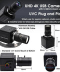 4K USB Camera With 5-50mm Zoom Lens, 10X Optical Zoom, Manual Focus, Sony IMX317 Sensor showcased with dimensions and plug-and-play features