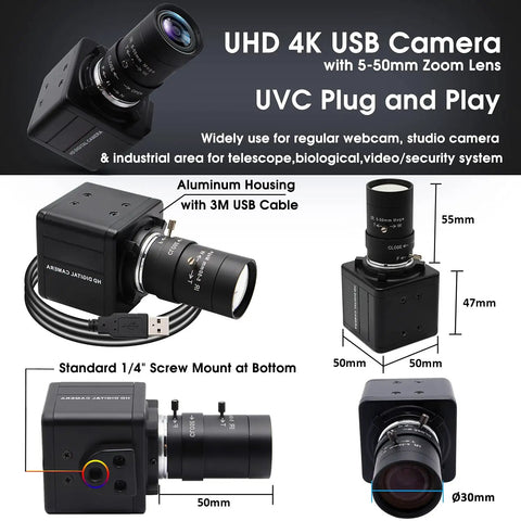 4K USB Camera With 5-50mm Zoom Lens, 10X Optical Zoom, Manual Focus, Sony IMX317 Sensor showcased with dimensions and plug-and-play features