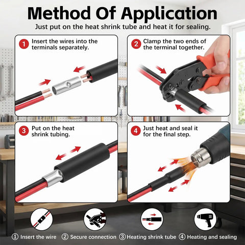 Heavy Duty 4 6 And 8 AWG Copper Heat Shrink Butt Connectors With Double Wall Insulation And Hot Melt Adhesive For Waterproof Weatherproof Underground Wire Splicing, step-by-step use