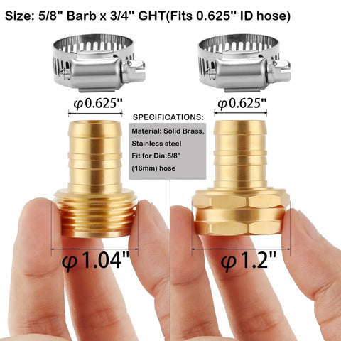 3 Set Brass Garden Hose Repair Kit with Clamps for 5/8 Inch Hose Fittings, 5/8 Barb to 3/4 GHT Adapters, showing size details
