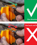 Usage instruction for Two Step Knife Sharpener With Coarse And Fine Slots, Yellow Grab-And-Go Portable Outdoor Handheld Tool.