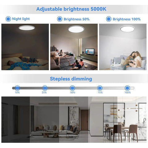 RGB LED Ceiling Light 12 Inch, 24W 5000K Dimmable Flush Mount With Remote in various room settings showing brightness levels.