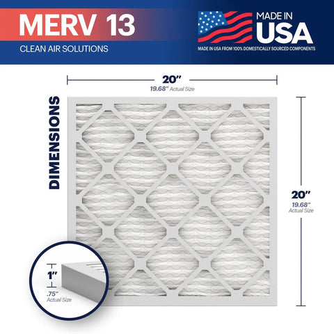 Top Rated 20x20x1 MERV 13 Electrostatic Pleated Air Filter dimensions, Made In USA, showing actual size and design.
