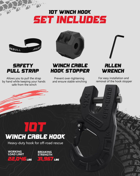 Heavy Duty 3/8 Inch Winch Hook With Cable Stopper And Clevis Clip Set, 10 Ton Forged Steel Towing Hook For Off Road Recovery, Works With Synthetic Rope, Black with safety strap and wrench