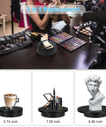 Electric Rotating Display Stand With Rechargeable Battery, Motorized Turntable For Live Streaming Video Shoot Photography, 3 In 1 Size Platform showcasing makeup and decor items.