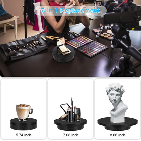 Electric Rotating Display Stand With Rechargeable Battery, Motorized Turntable For Live Streaming Video Shoot Photography, 3 In 1 Size Platform showcasing makeup and decor items.