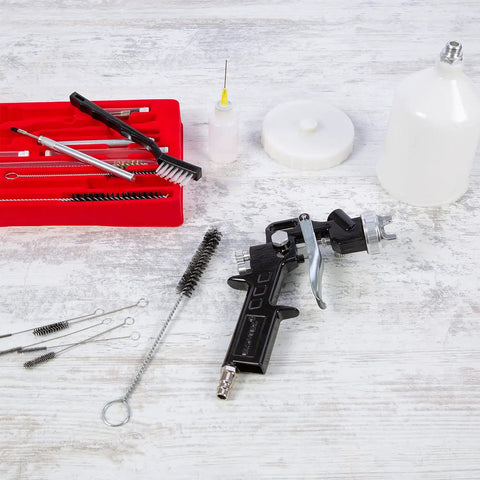 All-In-One Pro-Grade Spray Gun Cleaning Kit With 23-Piece Maintenance Set For HVLP Gravity Suction Detail And Paint Guns, Air Tools And Airbrush, Comprehensive Cleaning Accessories And Sturdy Storage Case Included. Spray gun cleaning kit with brushes and tools