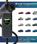 Close-up of Portable Level 1 And 2 EV Charger For J1772 Electric Vehicles, showing charging details and compatible vehicle images.