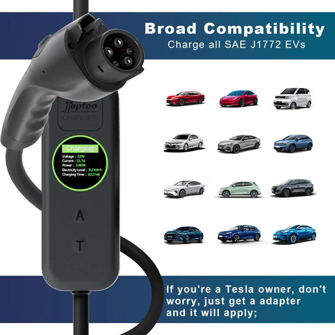 Close-up of Portable Level 1 And 2 EV Charger For J1772 Electric Vehicles, showing charging details and compatible vehicle images.