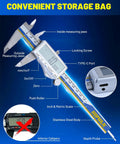 6 Inch Digital Caliper With USB C Charging Stainless Steel Measuring Tool 4 In 1 Caliper With Large LCD Screen mm In Fraction Conversion Ideal For DIY Projects Home Improvement And 3D Printing, showcasing parts like type-C port, inside jaws, and LCD screen.
