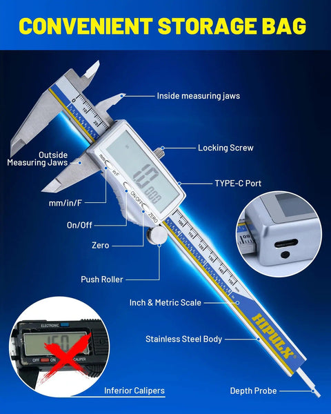6 Inch Digital Caliper With USB C Charging Stainless Steel Measuring Tool 4 In 1 Caliper With Large LCD Screen mm In Fraction Conversion Ideal For DIY Projects Home Improvement And 3D Printing, showcasing parts like type-C port, inside jaws, and LCD screen.